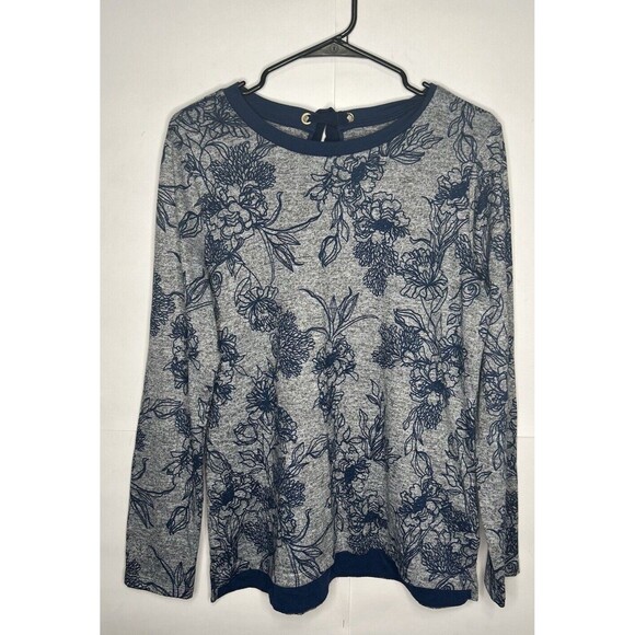 St. John’s Bay Back Bow Keyhole Long Sleeve Floral Sweater Navy/Gray Size Medium - Picture 1 of 7